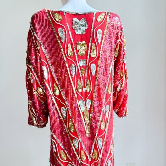Vintage Red Silk Beaded Embroidered Long Sleeve Sheath Dress S/M - Picture 10 of 13